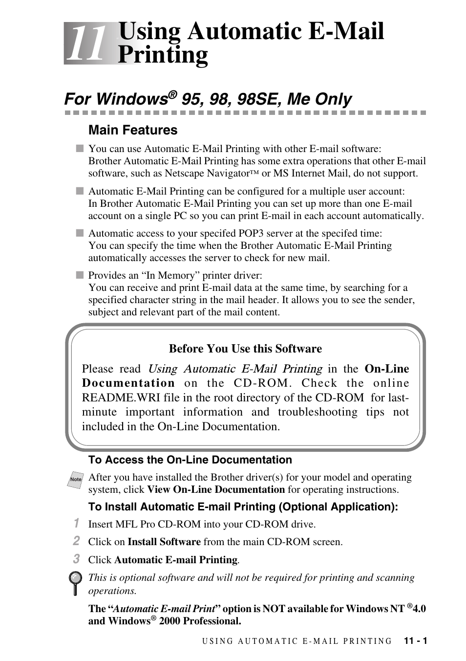 11 using automatic e-mail printing, For windows® 95, 98, 98se, me only, Main features | To access the on-line documentation, Using automatic e-mail printing -1, For windows, 95, 98, 98se, me only -1, Main features -1, Optional application): -1, Using automatic e-mail printing | Brother DCP1400 User Manual | Page 101 / 147