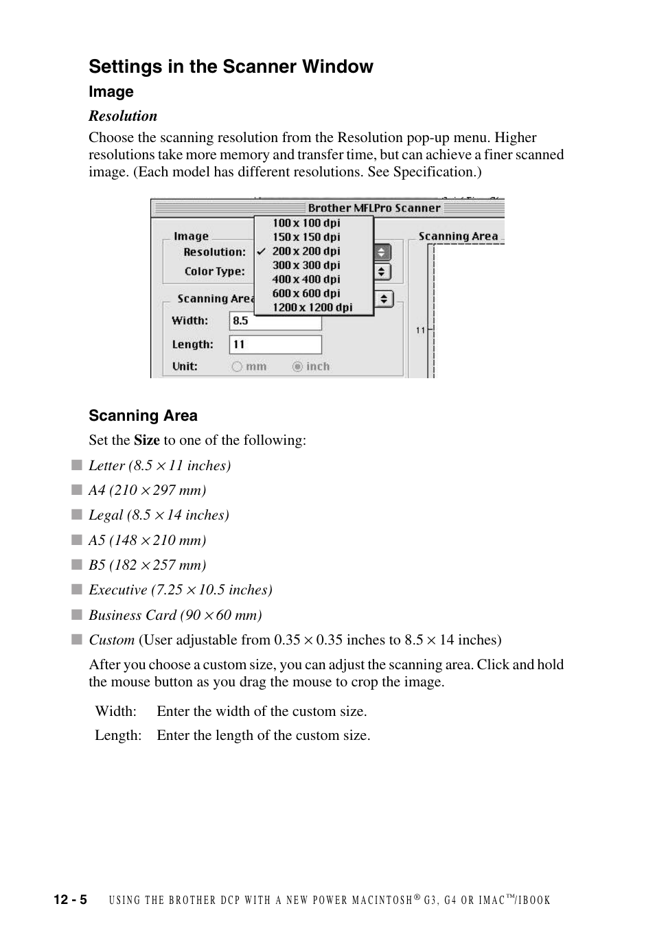 Settings in the scanner window, Image, Scanning area | Settings in the scanner window -5, Image -5 scanning area -5 | Brother DCP1400 User Manual | Page 106 / 147