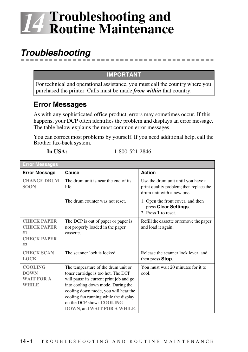 14 troubleshooting and routine maintenance, Troubleshooting, Error messages | Troubleshooting and routine maintenance -1, Troubleshooting -1, Error messages -1, Troubleshooting and routine maintenance | Brother DCP1400 User Manual | Page 110 / 147