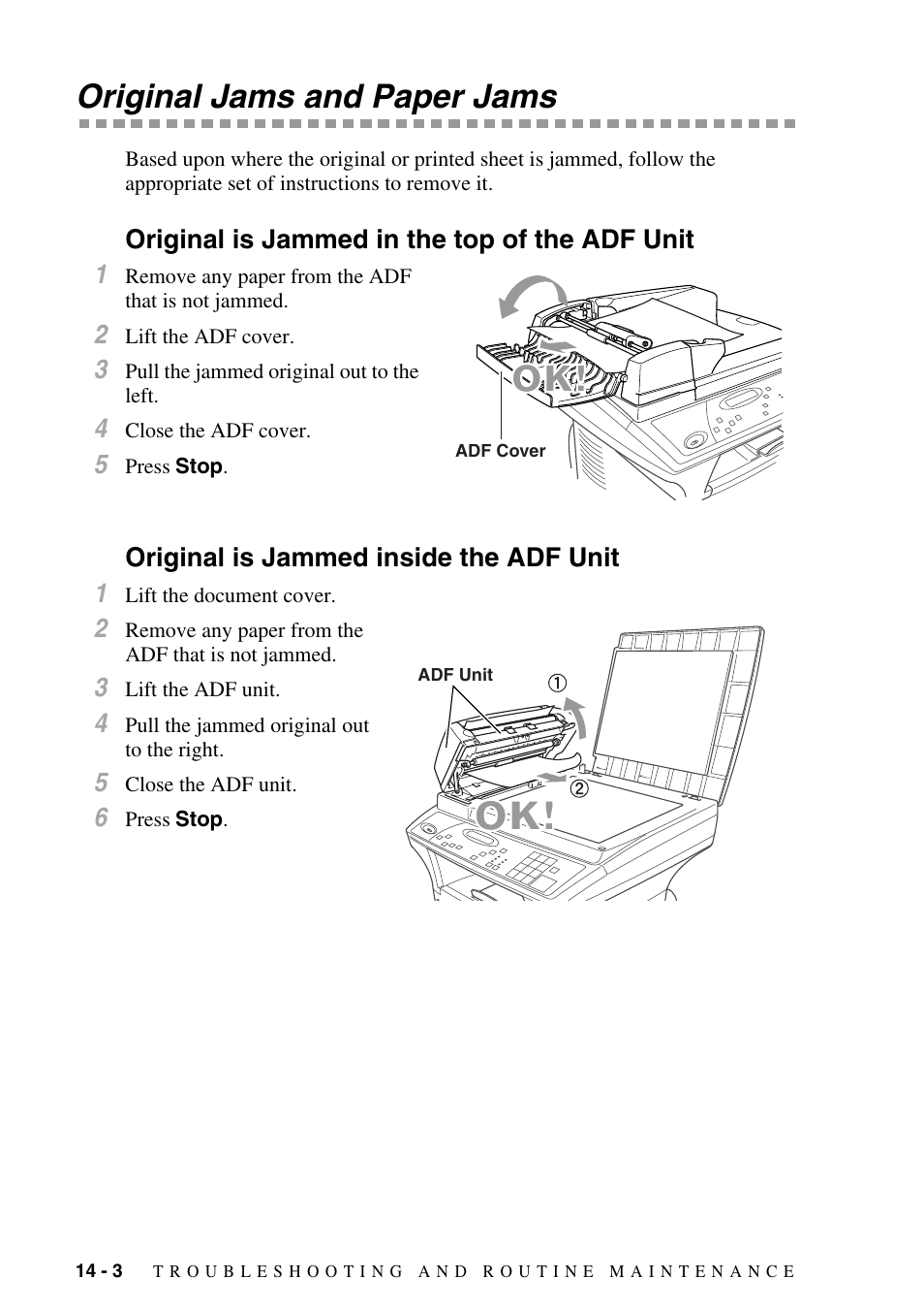 Original jams and paper jams, Original is jammed in the top of the adf unit, Original is jammed inside the adf unit | Original jams and paper jams -3 | Brother DCP1400 User Manual | Page 112 / 147