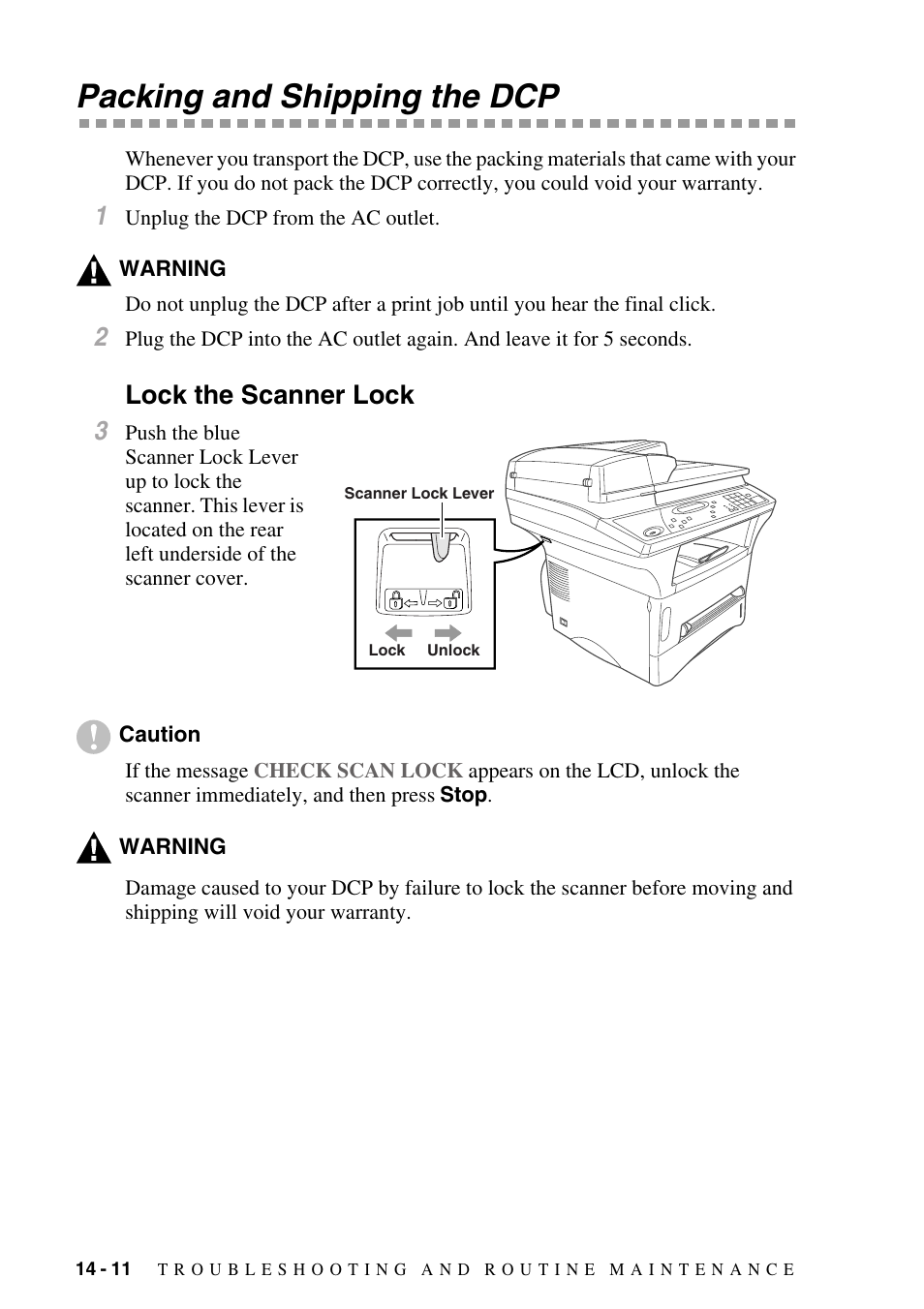Packing and shipping the dcp, Lock the scanner lock, Packing and shipping the dcp -11 | Lock the scanner lock -11, Lock the scanner lock 3 | Brother DCP1400 User Manual | Page 120 / 147
