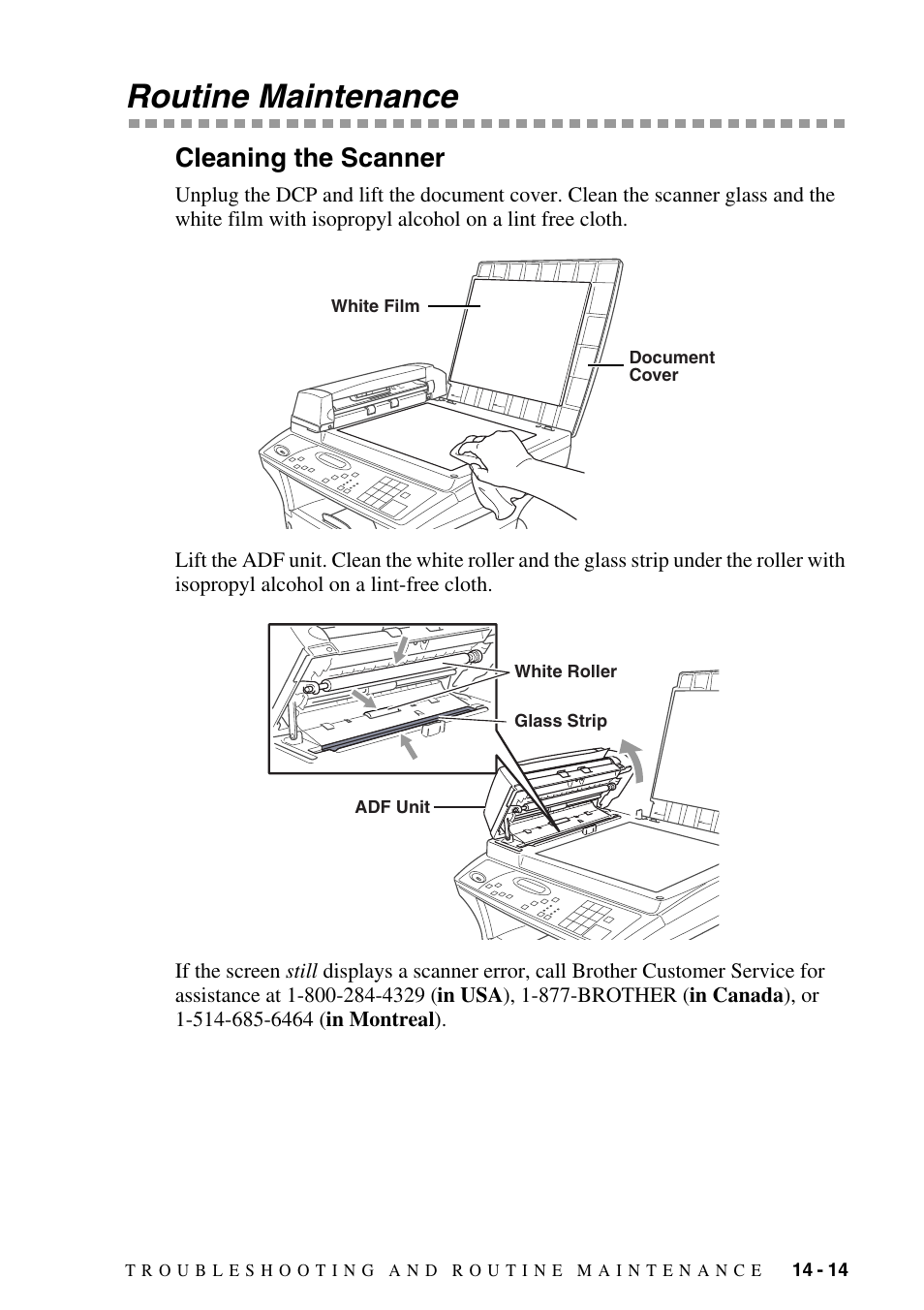 Routine maintenance, Cleaning the scanner, Routine maintenance -14 | Cleaning the scanner -14, Soft cloth. (see routine maintenance and, Drum unit. (see routine maintenance, S interior. (see routine maintenance and, Terminals referring to routine maintenance and | Brother DCP1400 User Manual | Page 123 / 147