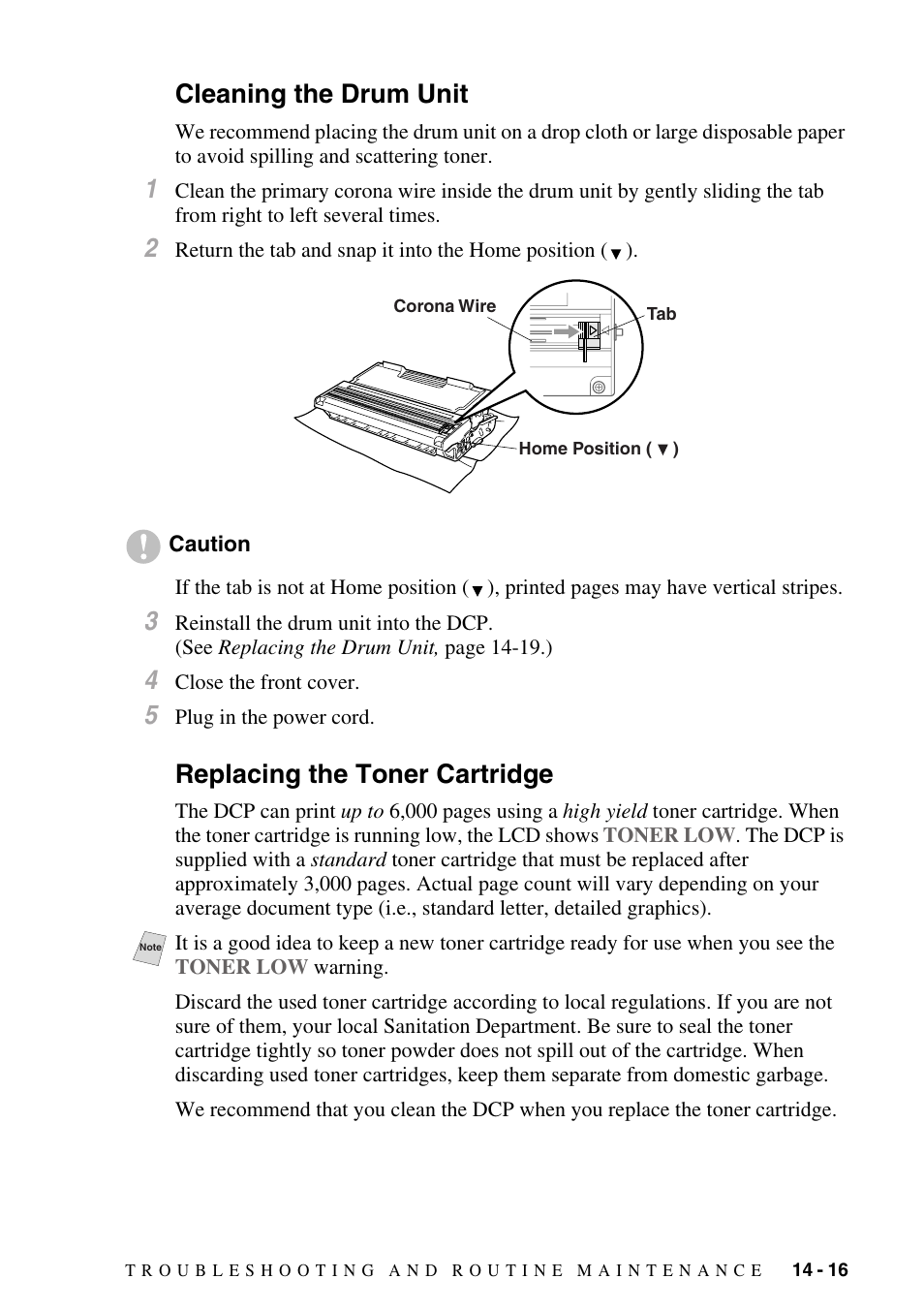 Cleaning the drum unit, Replacing the toner cartridge | Brother DCP1400 User Manual | Page 125 / 147