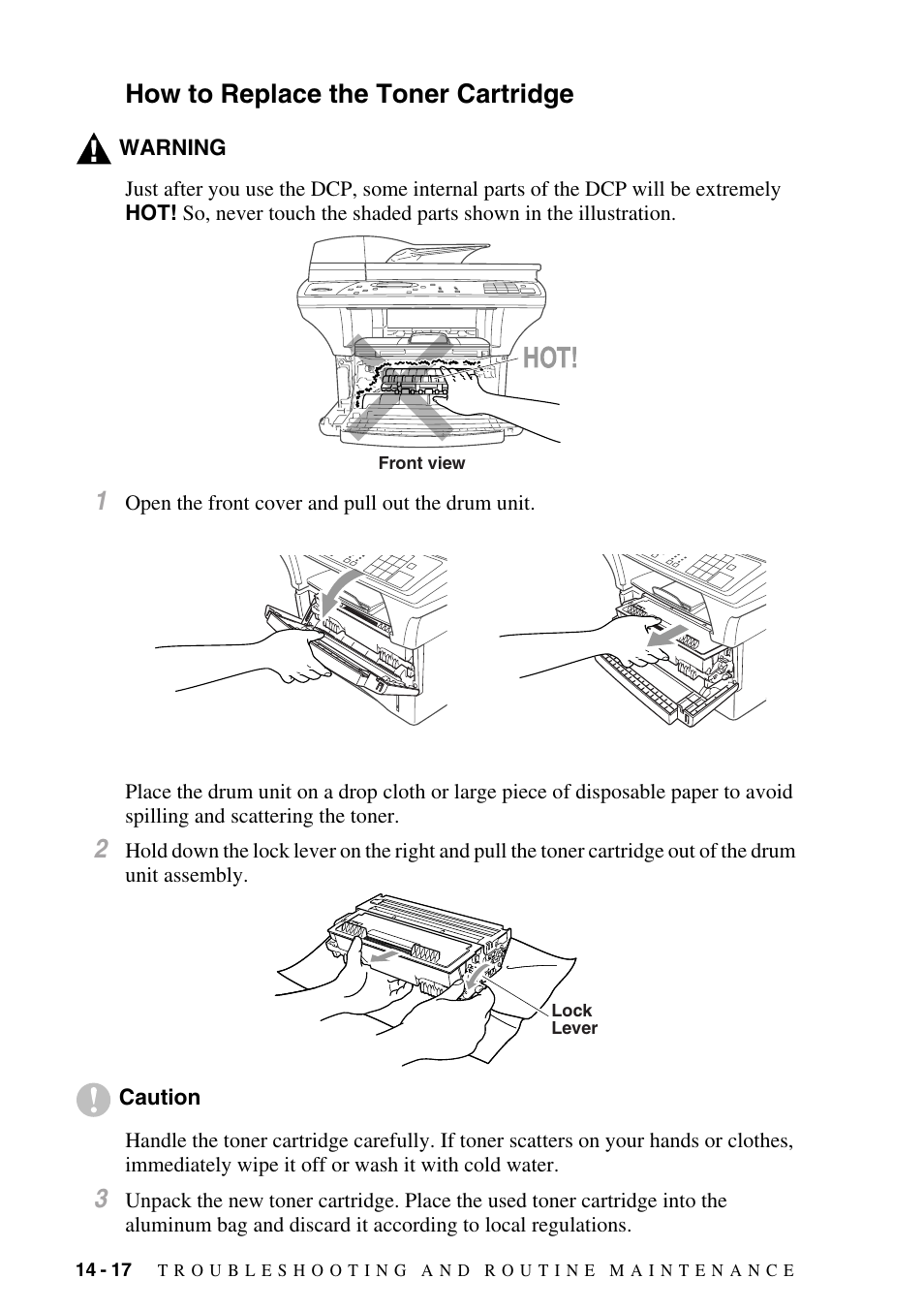 How to replace the toner cartridge, How to replace the toner cartridge -17 | Brother DCP1400 User Manual | Page 126 / 147