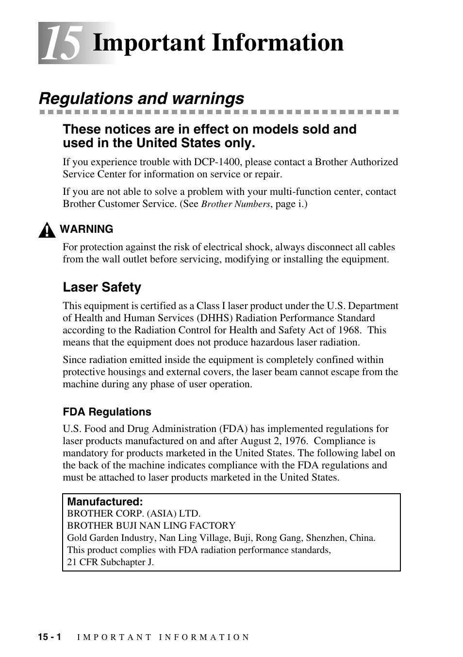 15 important information, Regulations and warnings, Laser safety | Fda regulations, Important information -1, Regulations and warnings -1, Laser safety -1, Fda regulations -1, Important information | Brother DCP1400 User Manual | Page 130 / 147