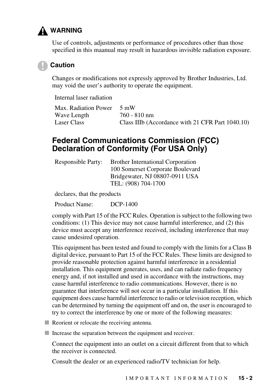 Of conformity (for usa only) -2 | Brother DCP1400 User Manual | Page 131 / 147