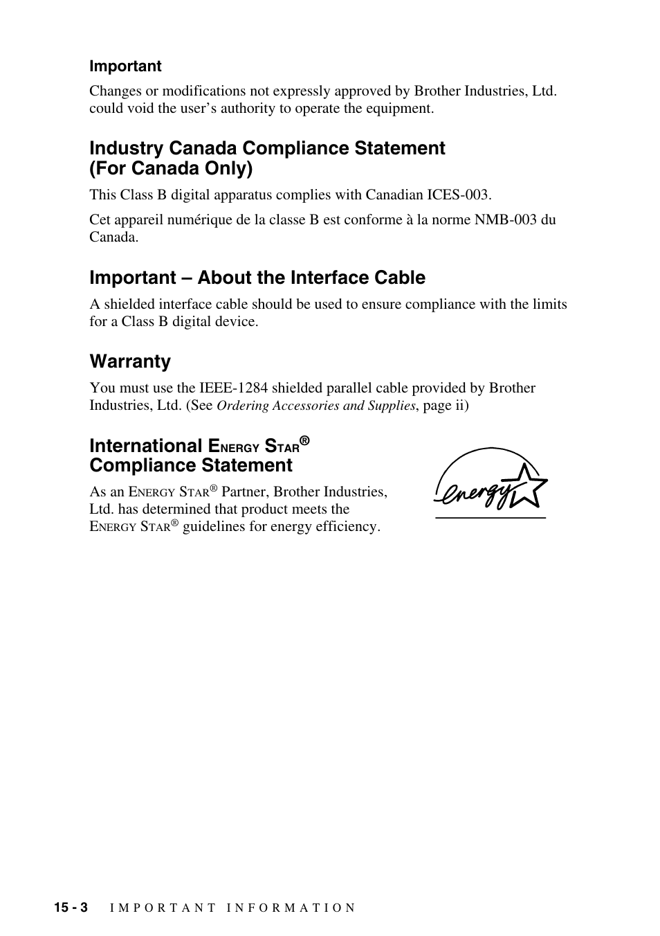 Important, Important – about the interface cable, Warranty | International energy star® compliance statement, Important -3, Industry canada compliance statement, For canada only) -3, Compliance statement -3, International e, Compliance statement | Brother DCP1400 User Manual | Page 132 / 147