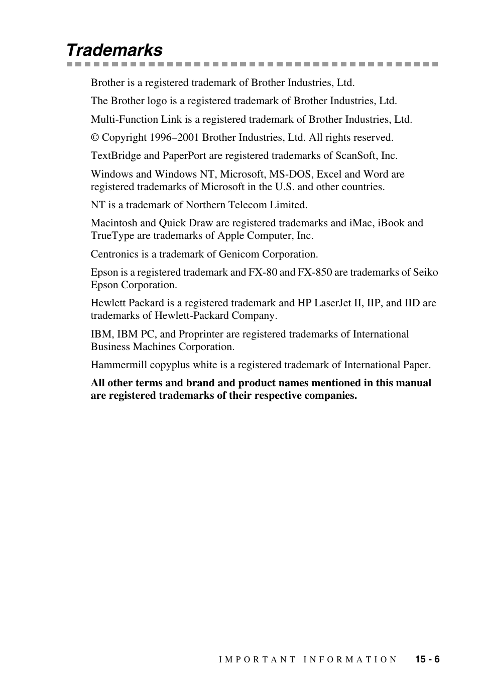 Trademarks, Trademarks -6 | Brother DCP1400 User Manual | Page 135 / 147
