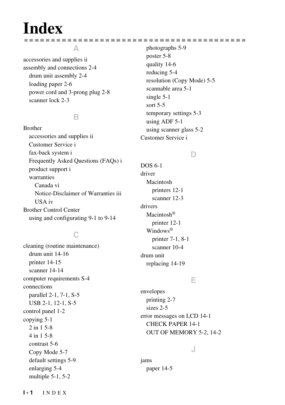 Index | Brother DCP1400 User Manual | Page 144 / 147