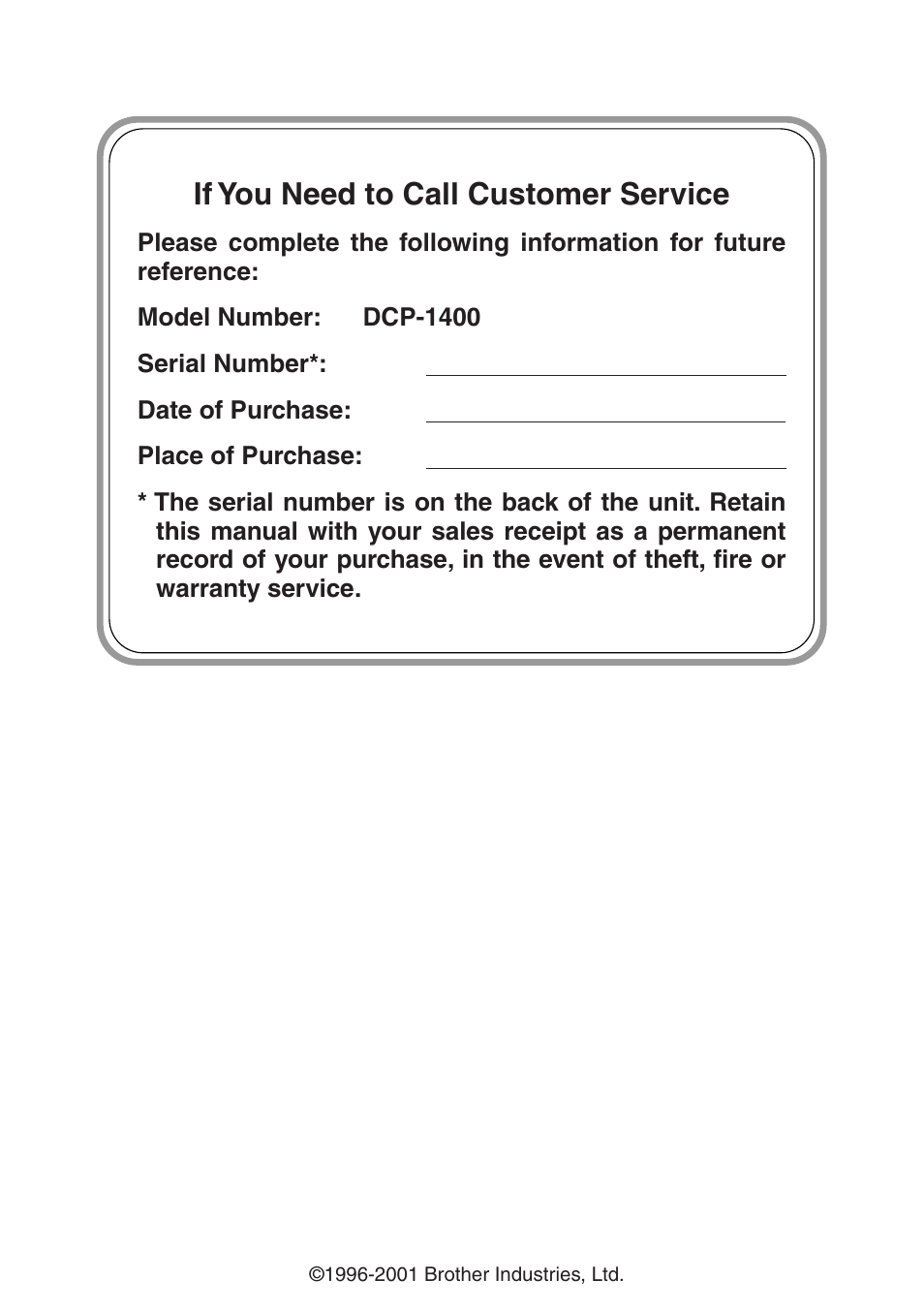 If you need to call customer service | Brother DCP1400 User Manual | Page 2 / 147