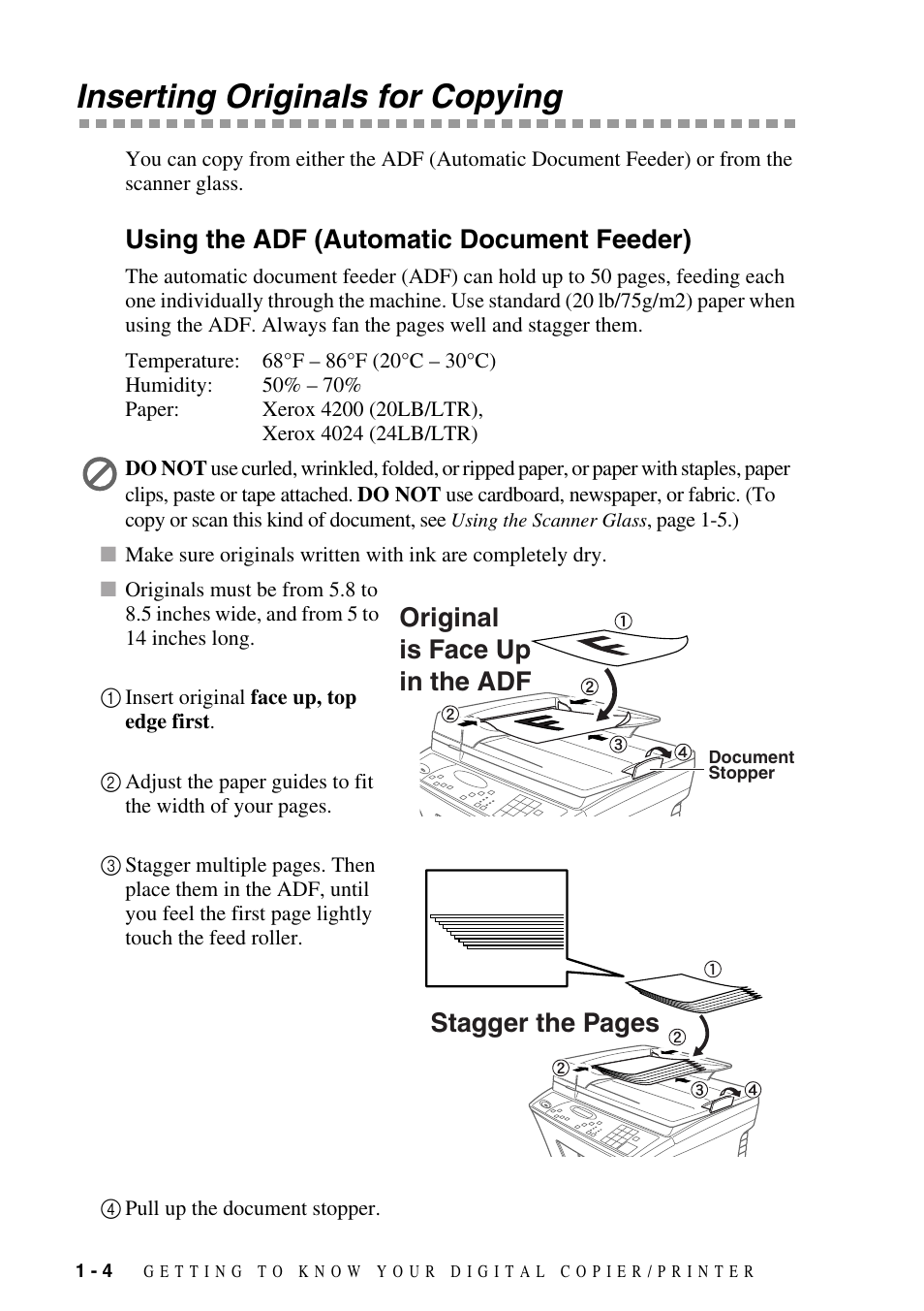 Inserting originals for copying, Using the adf (automatic document feeder), Inserting originals for copying -4 | Using the adf (automatic document feeder) -4, Original is face up in the adf stagger the pages | Brother DCP1400 User Manual | Page 20 / 147