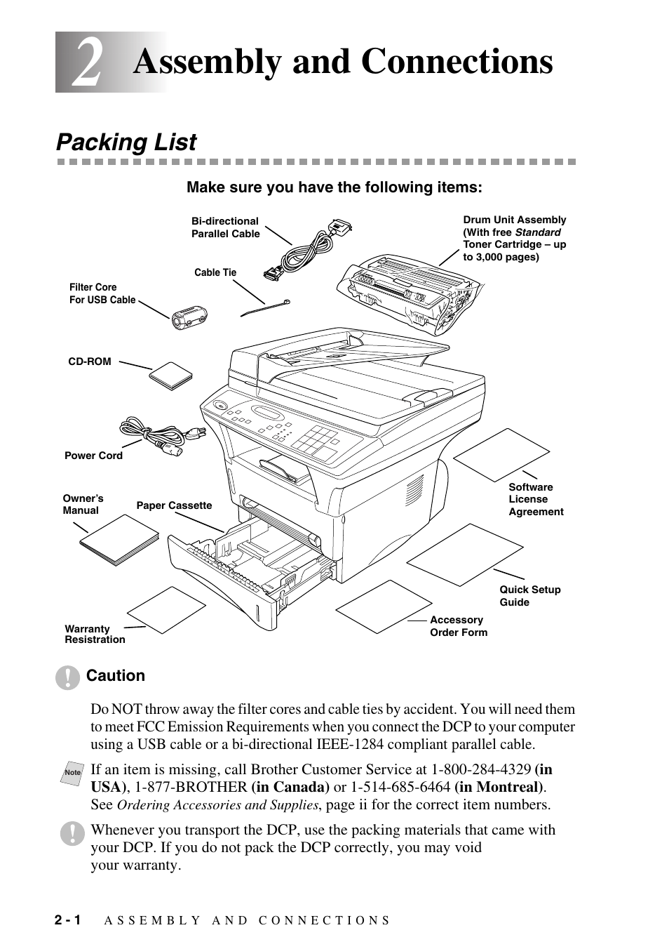 2 assembly and connections, Packing list, Assembly and connections -1 | Packing list -1, Assembly and connections | Brother DCP1400 User Manual | Page 22 / 147