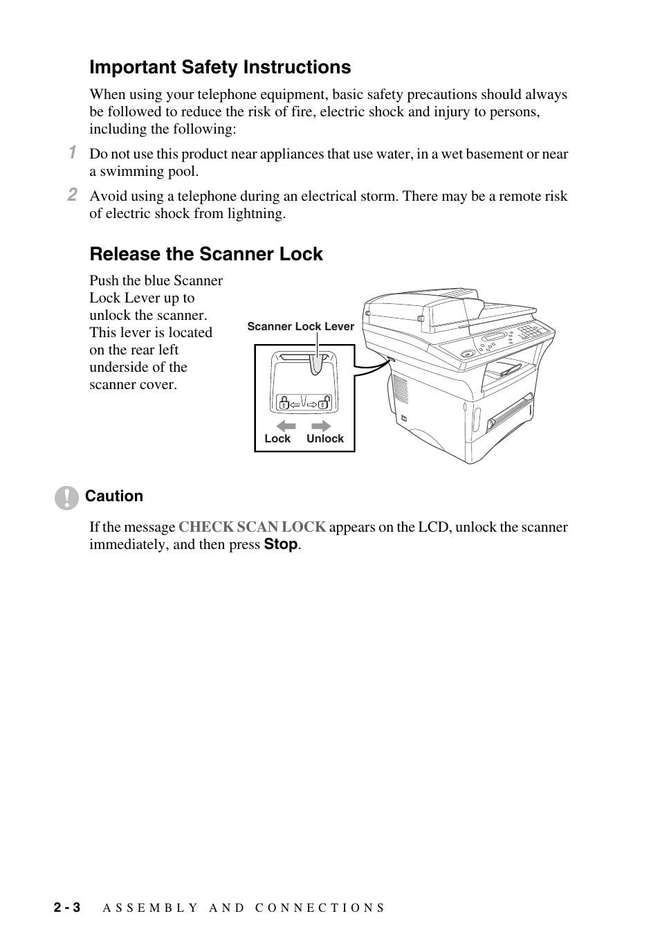 Important safety instructions, Release the scanner lock | Brother DCP1400 User Manual | Page 24 / 147