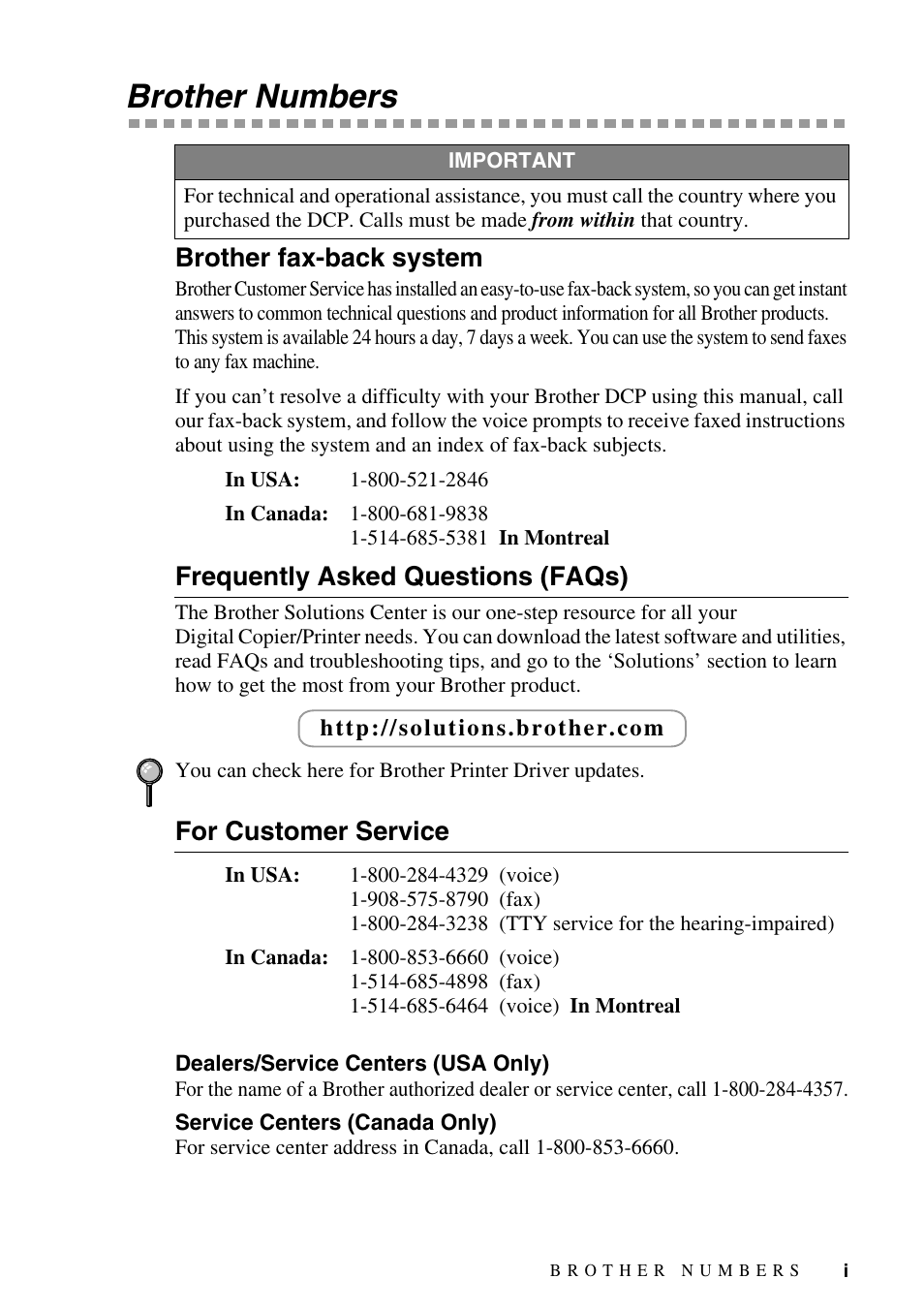 Brother numbers, Brother fax-back system, Frequently asked questions (faqs) | For customer service, Dealers/service centers (usa only), Service centers (canada only) | Brother DCP1400 User Manual | Page 3 / 147