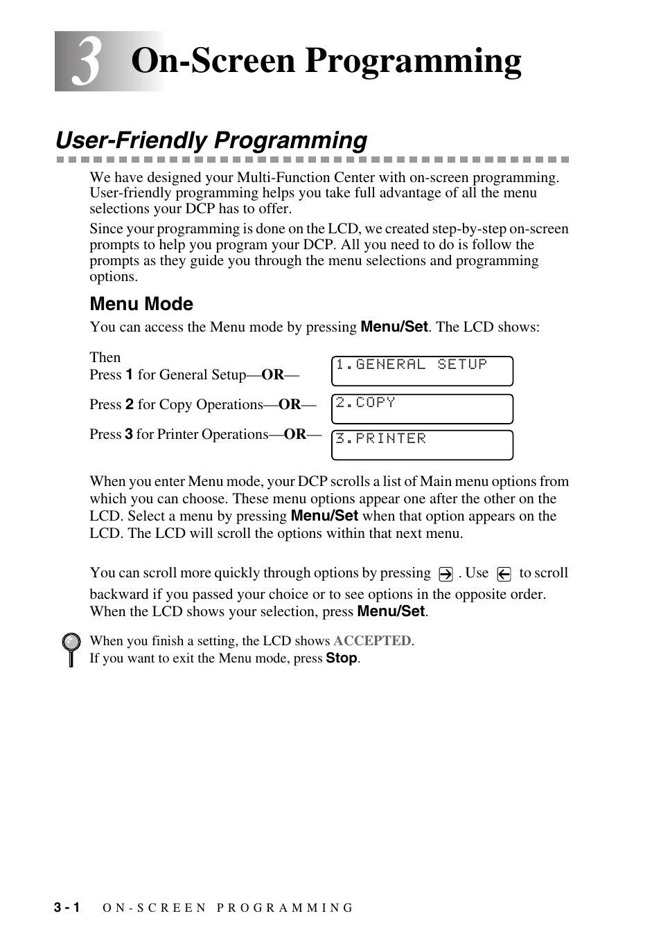 3 on-screen programming, User-friendly programming, Menu mode | On-screen programming -1, User-friendly programming -1, Menu mode -1, On-screen programming | Brother DCP1400 User Manual | Page 30 / 147