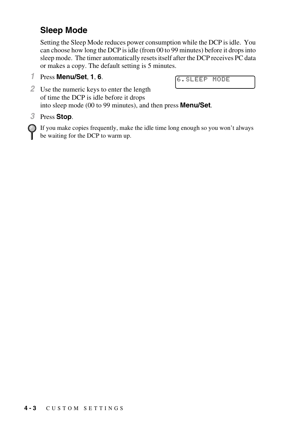 Sleep mode, Sleep mode -3 | Brother DCP1400 User Manual | Page 36 / 147