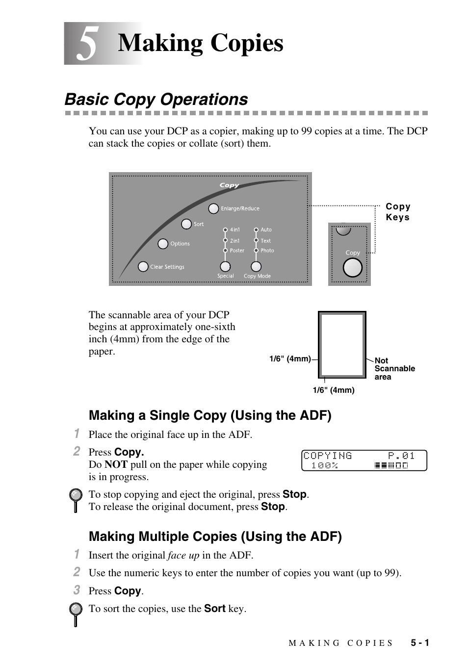 5 making copies, Basic copy operations, Making a single copy (using the adf) | Making multiple copies (using the adf), Making copies -1, Basic copy operations -1, Making copies | Brother DCP1400 User Manual | Page 37 / 147