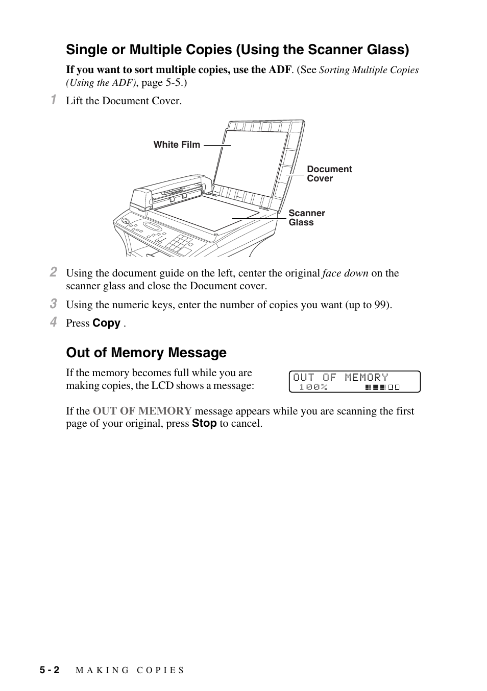 Out of memory message | Brother DCP1400 User Manual | Page 38 / 147