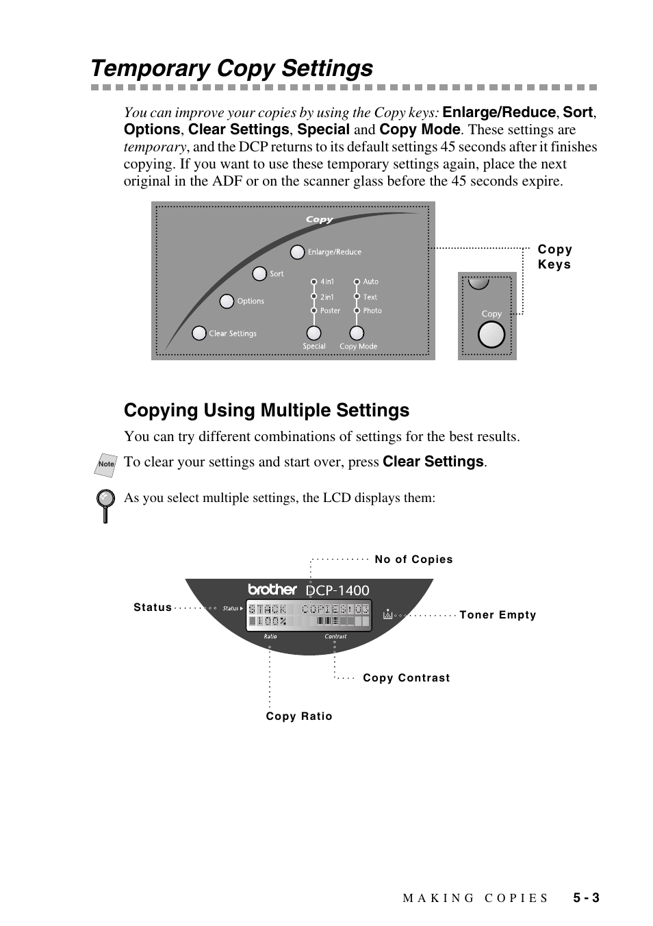 Temporary copy settings, Copying using multiple settings, Temporary copy settings -3 | Copying using multiple settings -3 | Brother DCP1400 User Manual | Page 39 / 147