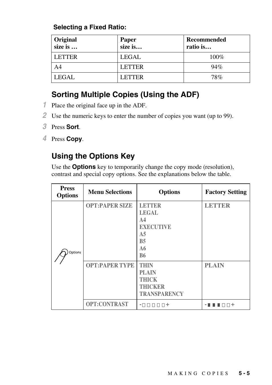 Selecting a fixed ratio, Sorting multiple copies (using the adf), Using the options key | Sorting multiple copies, Using the adf), Sorting multiple copies (using the adf) 1 | Brother DCP1400 User Manual | Page 41 / 147
