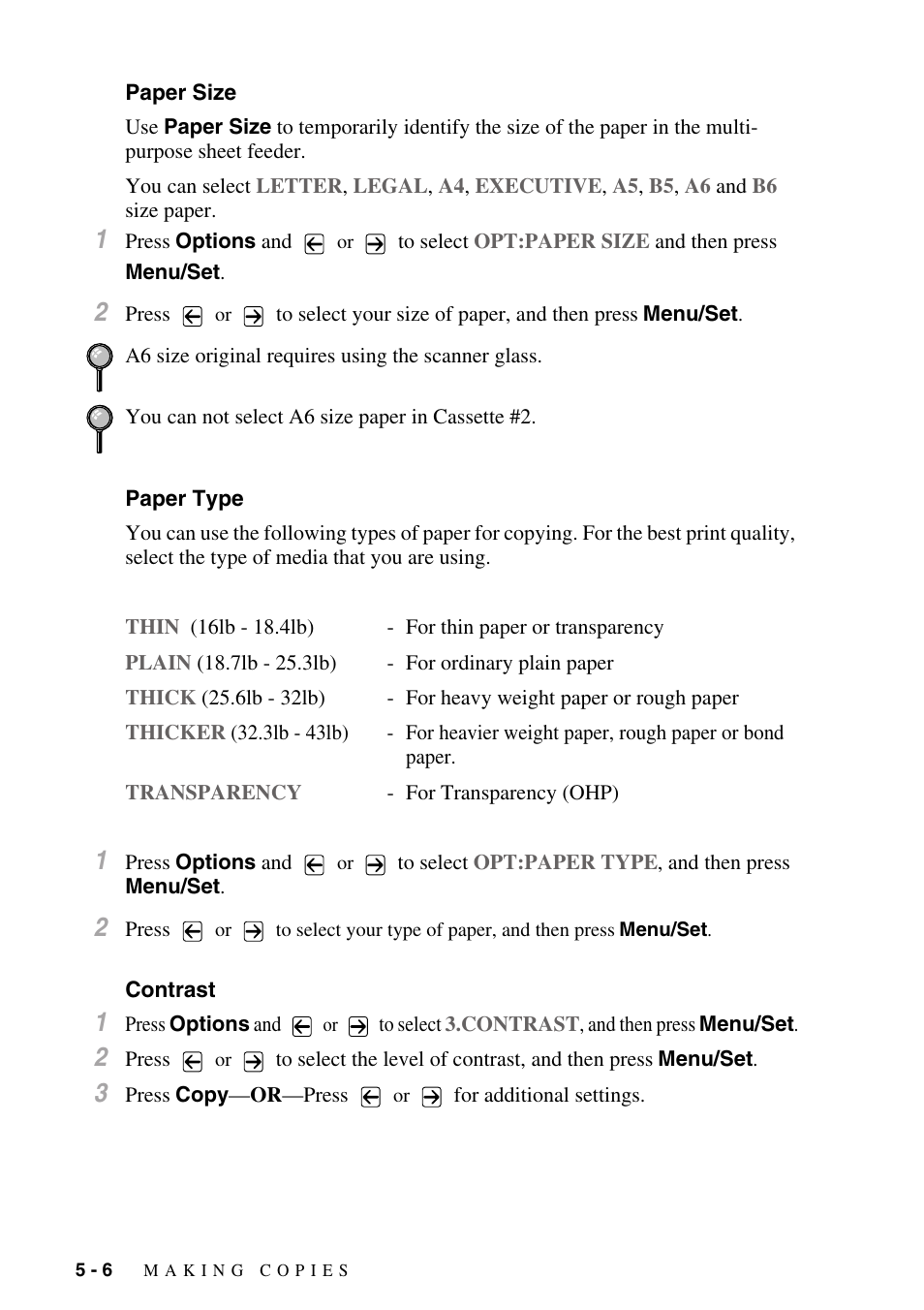 Paper size, Paper type, Contrast | Paper size -6 paper type -6 contrast -6 | Brother DCP1400 User Manual | Page 42 / 147