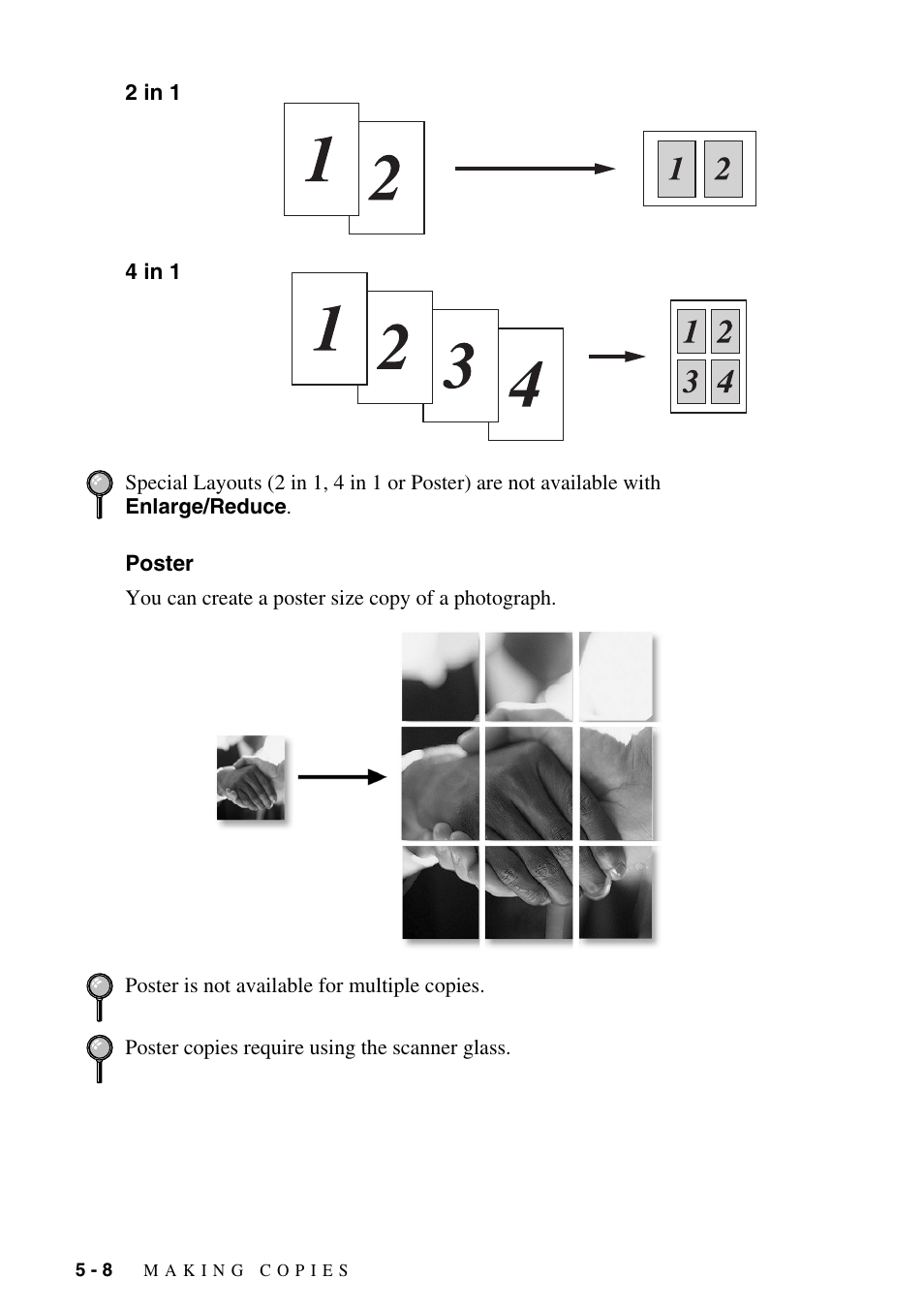 2 in 1, 4 in 1, Poster | 2 in 1 -8 4 in 1 -8 poster -8 | Brother DCP1400 User Manual | Page 44 / 147