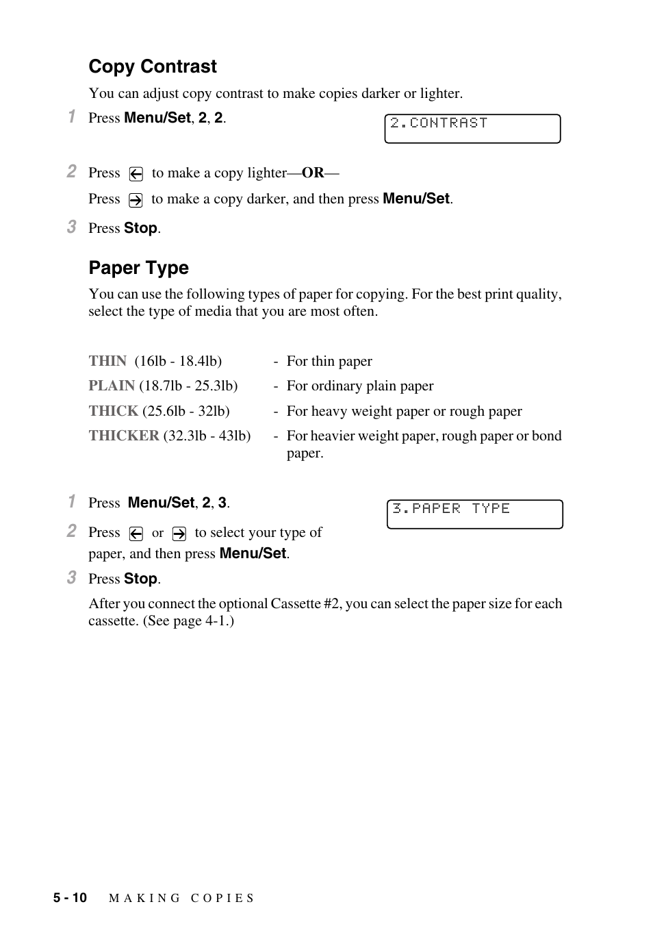 Copy contrast, Paper type, Copy contrast -10 paper type -10 | Brother DCP1400 User Manual | Page 46 / 147
