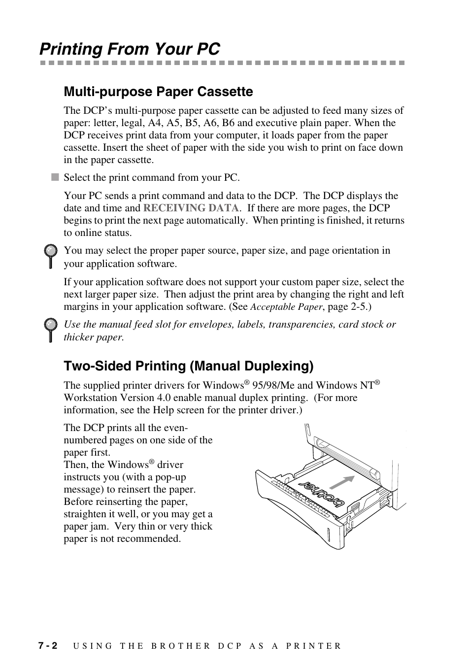 Printing from your pc, Multi-purpose paper cassette, Two-sided printing (manual duplexing) | Printing from your pc -2 | Brother DCP1400 User Manual | Page 54 / 147