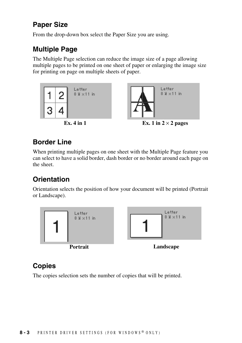 Paper size, Border line, Orientation | Copies, Multiple page | Brother DCP1400 User Manual | Page 62 / 147