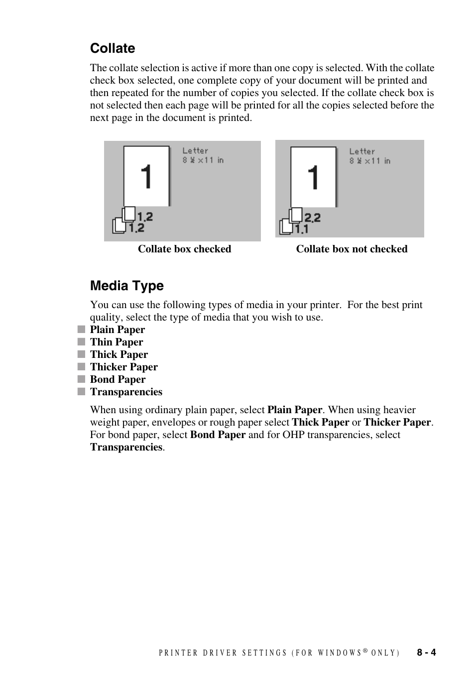Collate, Media type, Collate -4 media type -4 | Brother DCP1400 User Manual | Page 63 / 147
