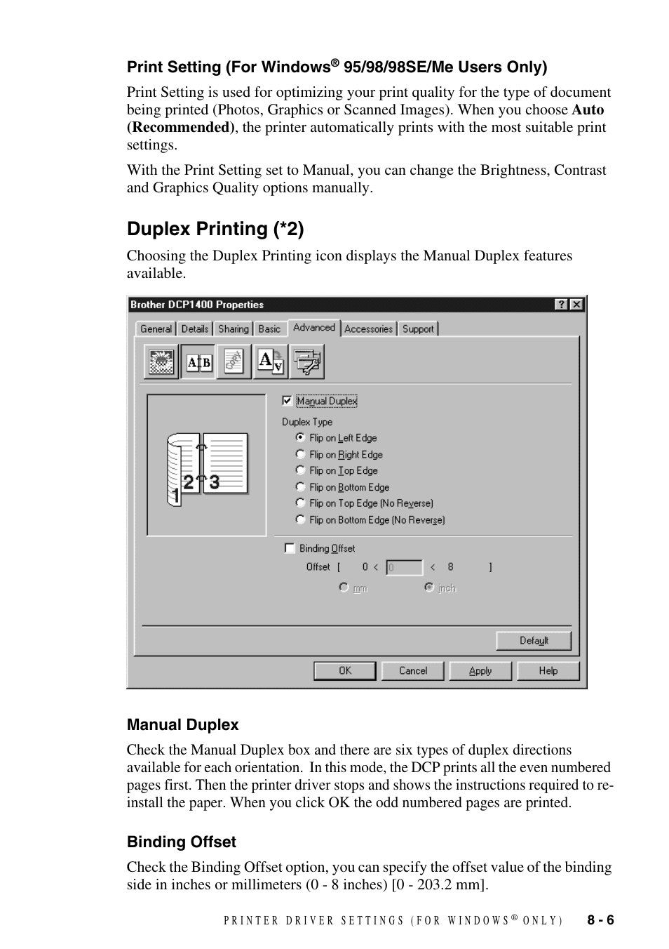 Duplex printing (*2), Manual duplex, Binding offset | Print setting (for windows, 95/98/98se/me users only) -6, Duplex printing (*2) -6, Manual duplex -6 binding offset -6 | Brother DCP1400 User Manual | Page 65 / 147