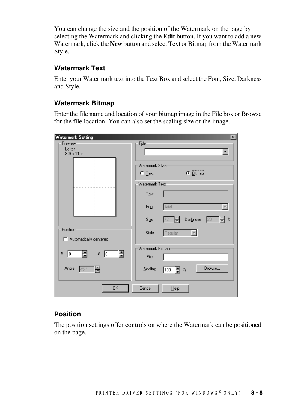 Watermark text, Watermark bitmap, Position | Watermark text -8 watermark bitmap -8 position -8 | Brother DCP1400 User Manual | Page 67 / 147