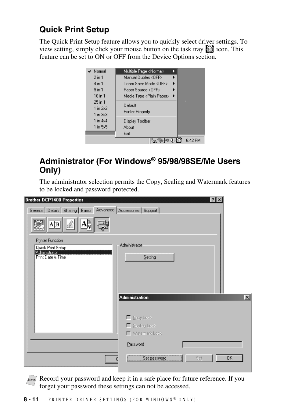 Quick print setup, Quick print setup -11 administrator, For windows | 95/98/98se/me users only) -11, Administrator (for windows | Brother DCP1400 User Manual | Page 70 / 147