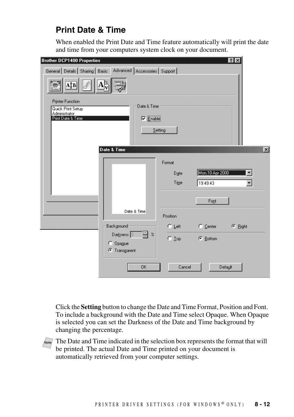 Print date & time, Print date & time -12 | Brother DCP1400 User Manual | Page 71 / 147