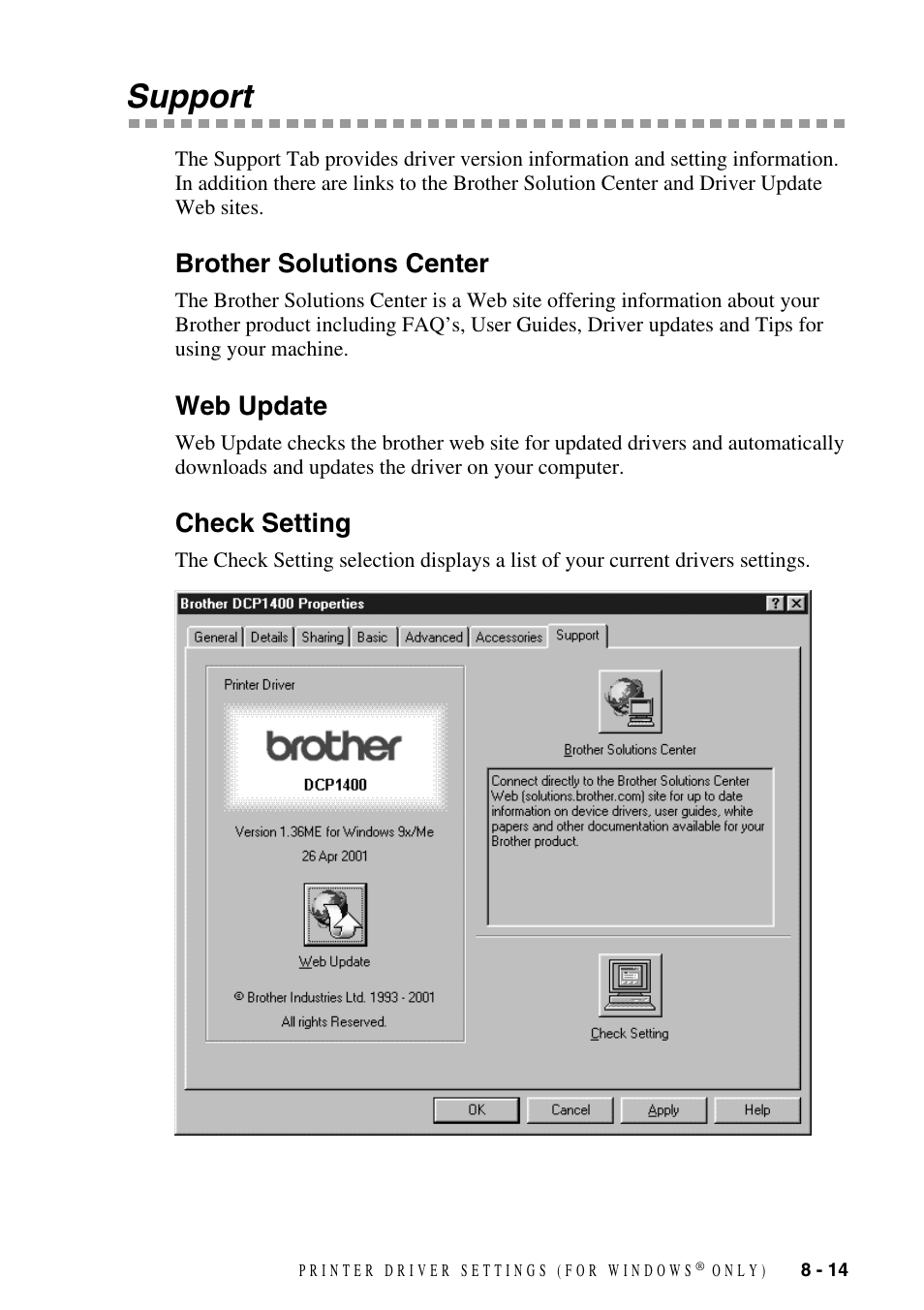 Support, Brother solutions center, Web update | Check setting, Support -14 | Brother DCP1400 User Manual | Page 73 / 147