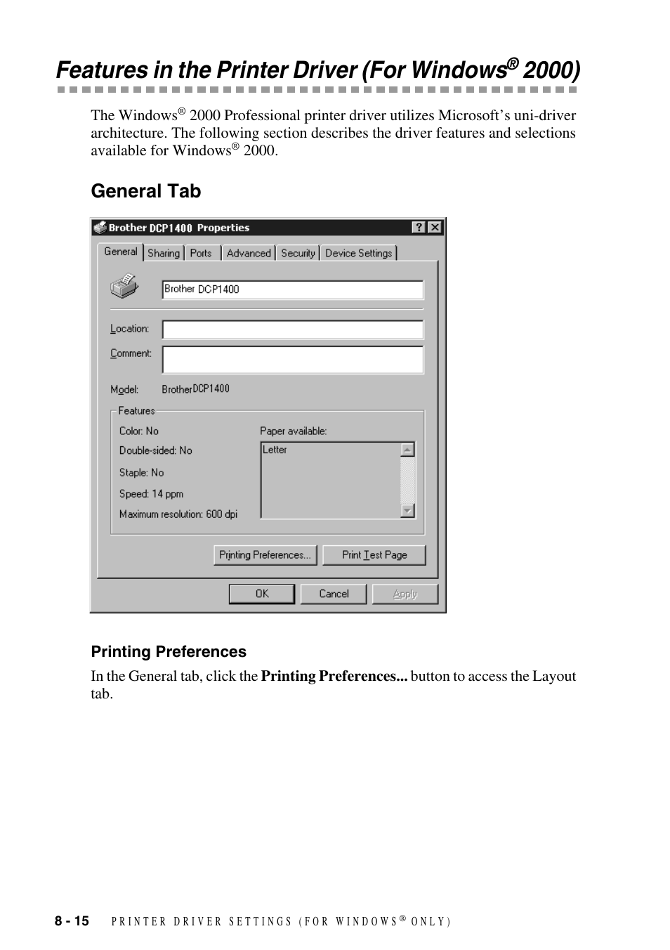 Features in the printer driver (for windows® 2000), General tab, Printing preferences | Features in the printer driver (for windows, General tab -15, Printing preferences -15 | Brother DCP1400 User Manual | Page 74 / 147