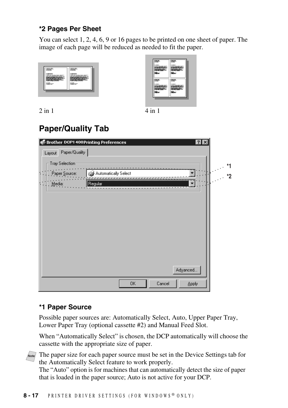 Paper/quality tab, 1 paper source, Paper/quality tab -17 | 1 paper source -17 | Brother DCP1400 User Manual | Page 76 / 147