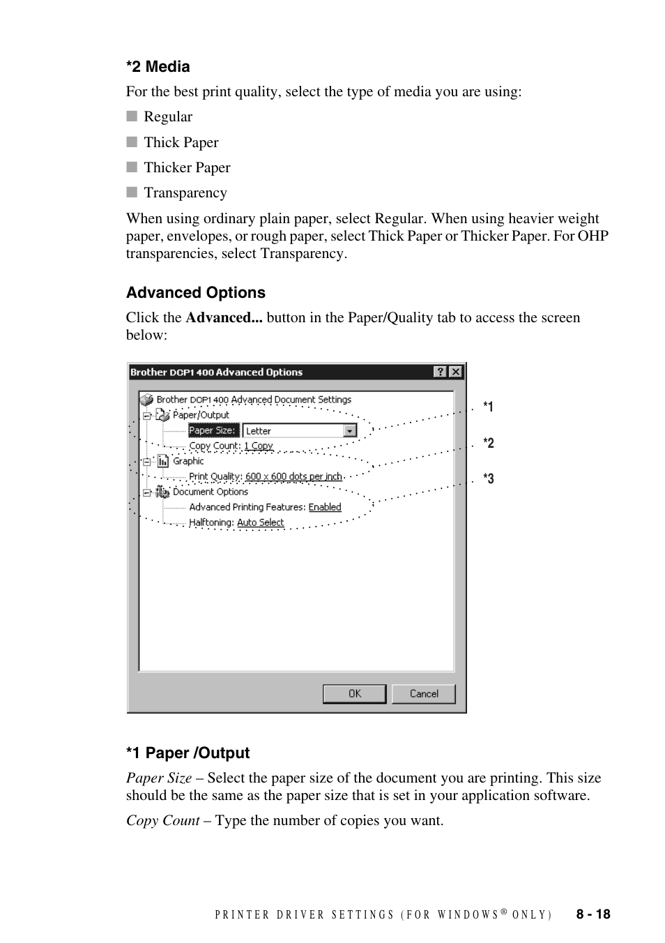 2 media, Advanced options, 1 paper /output | Brother DCP1400 User Manual | Page 77 / 147