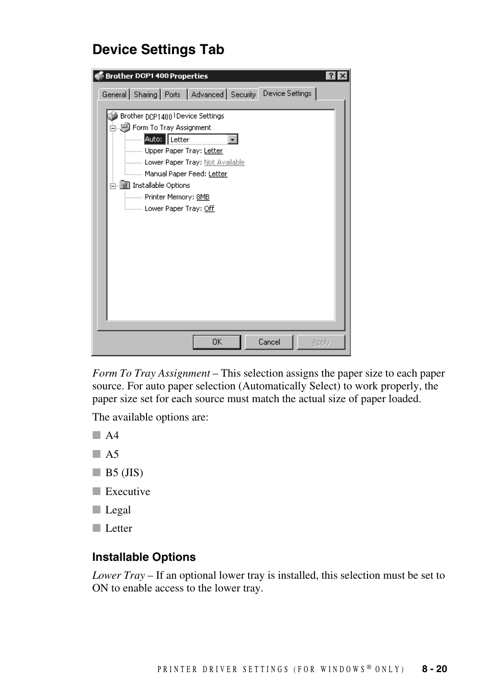 Device settings tab, Installable options, Device settings tab -20 | Installable options -20 | Brother DCP1400 User Manual | Page 79 / 147