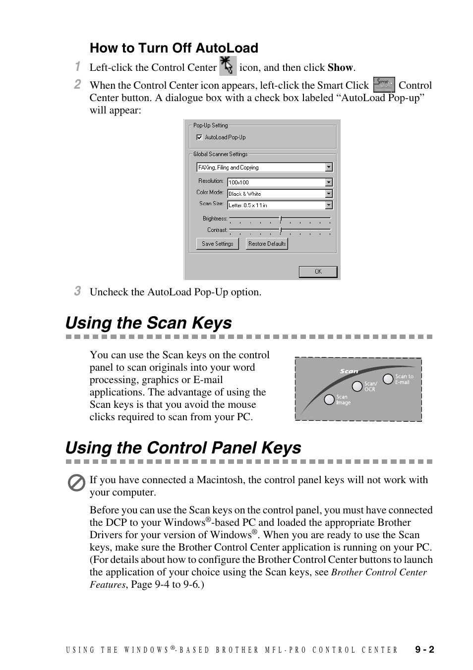 How to turn off autoload, Using the scan keys, Using the control panel keys | How to turn off autoload -2, How to turn off autoload 1 | Brother DCP1400 User Manual | Page 81 / 147