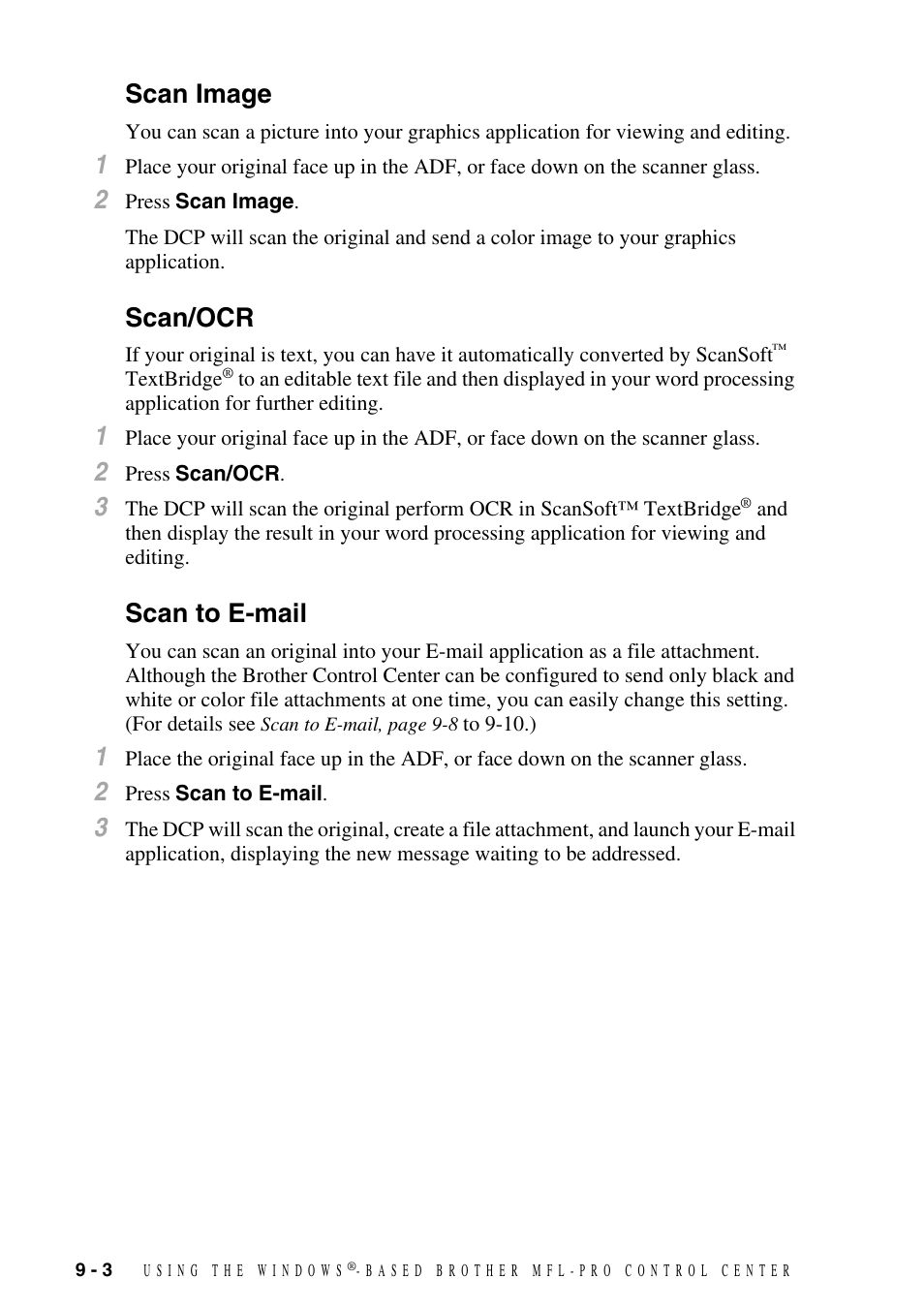 Scan image, Scan/ocr, Scan to e-mail | Scan image -3 scan/ocr -3 scan to e-mail -3 | Brother DCP1400 User Manual | Page 82 / 147