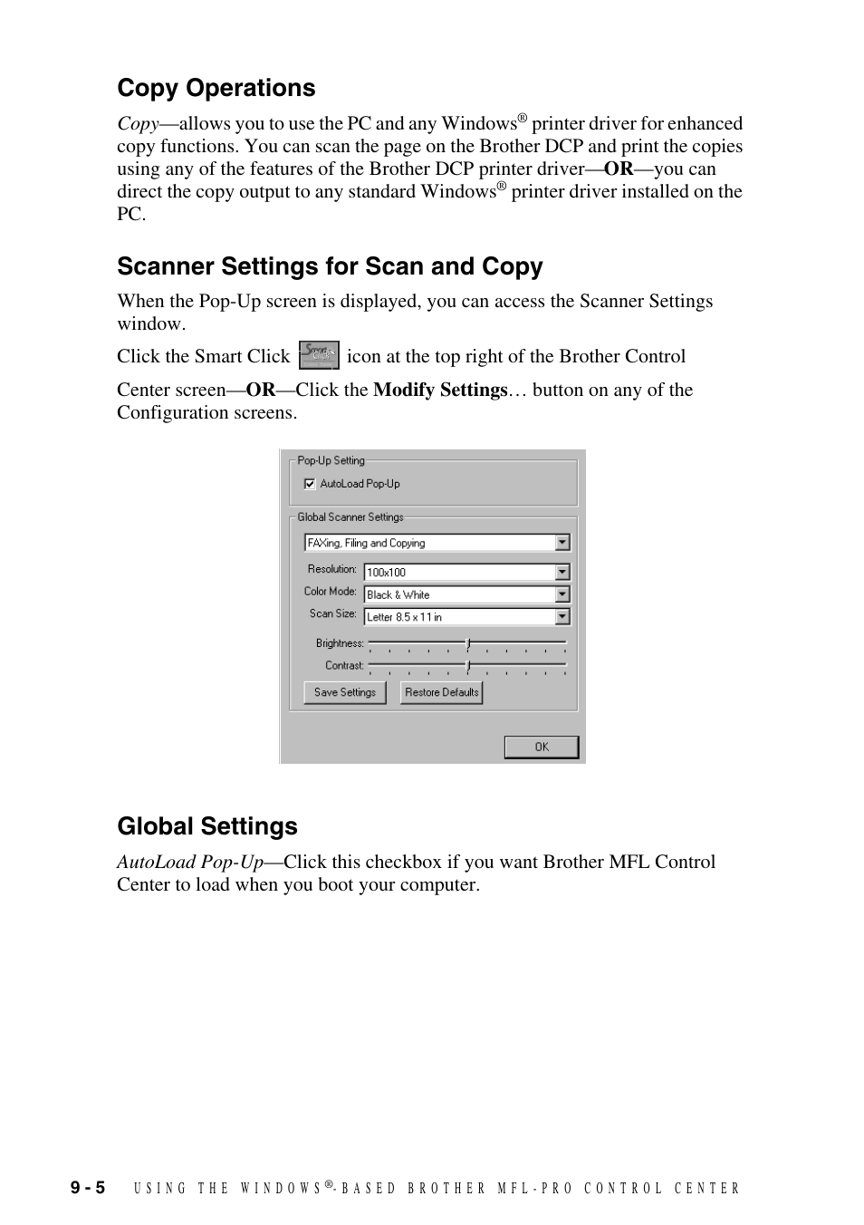 Copy operations, Scanner settings for scan and copy, Global settings | Brother DCP1400 User Manual | Page 84 / 147