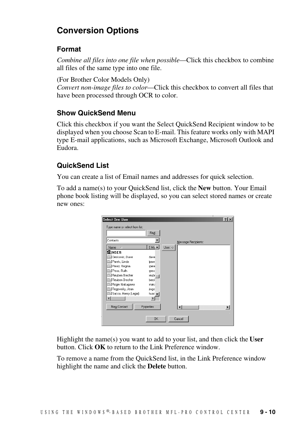 Conversion options, Format, Show quicksend menu | Quicksend list, Conversion options -10 | Brother DCP1400 User Manual | Page 89 / 147