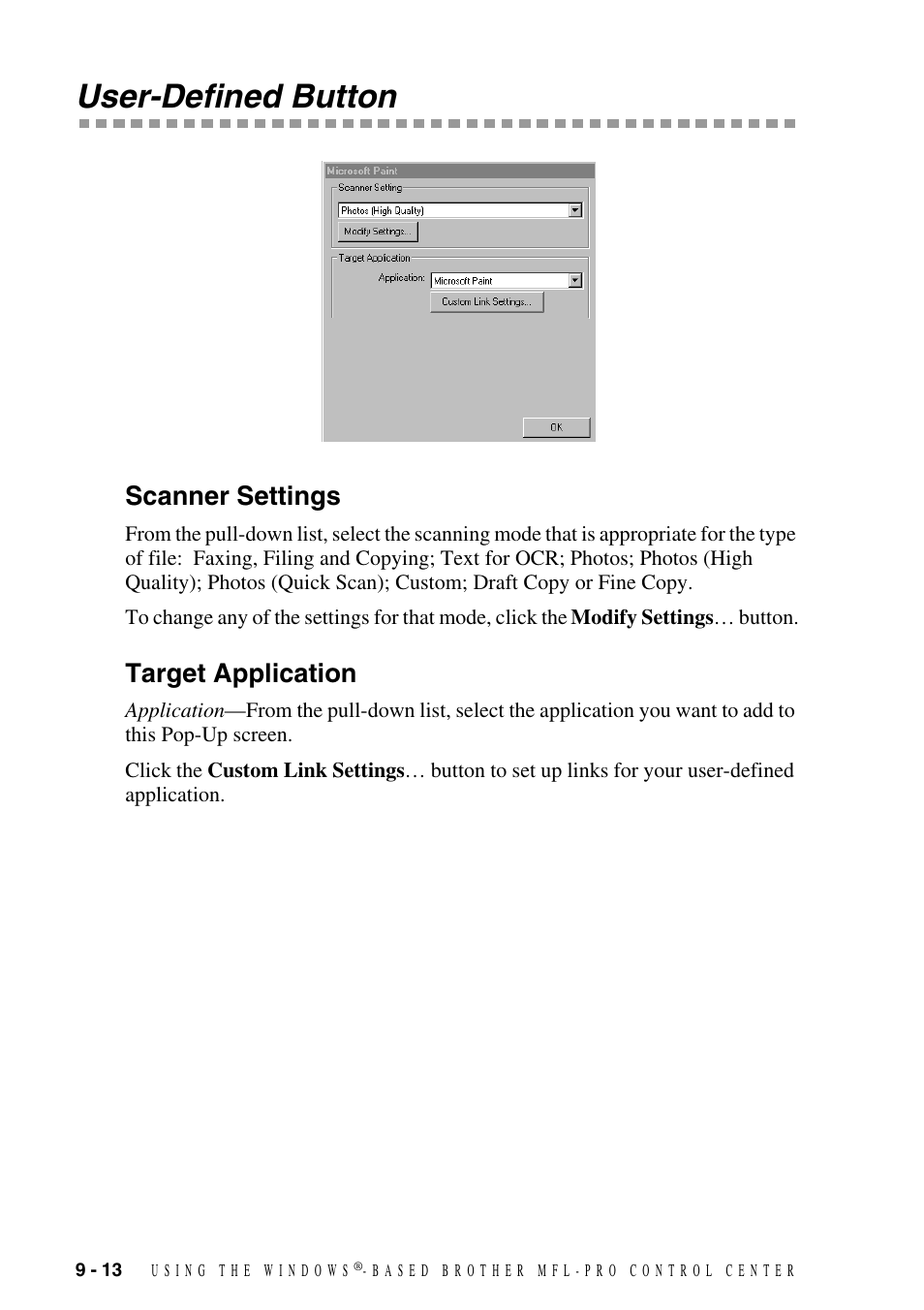 User-defined button, Scanner settings, Target application | User-defined button -13, Scanner settings -13 target application -13 | Brother DCP1400 User Manual | Page 92 / 147