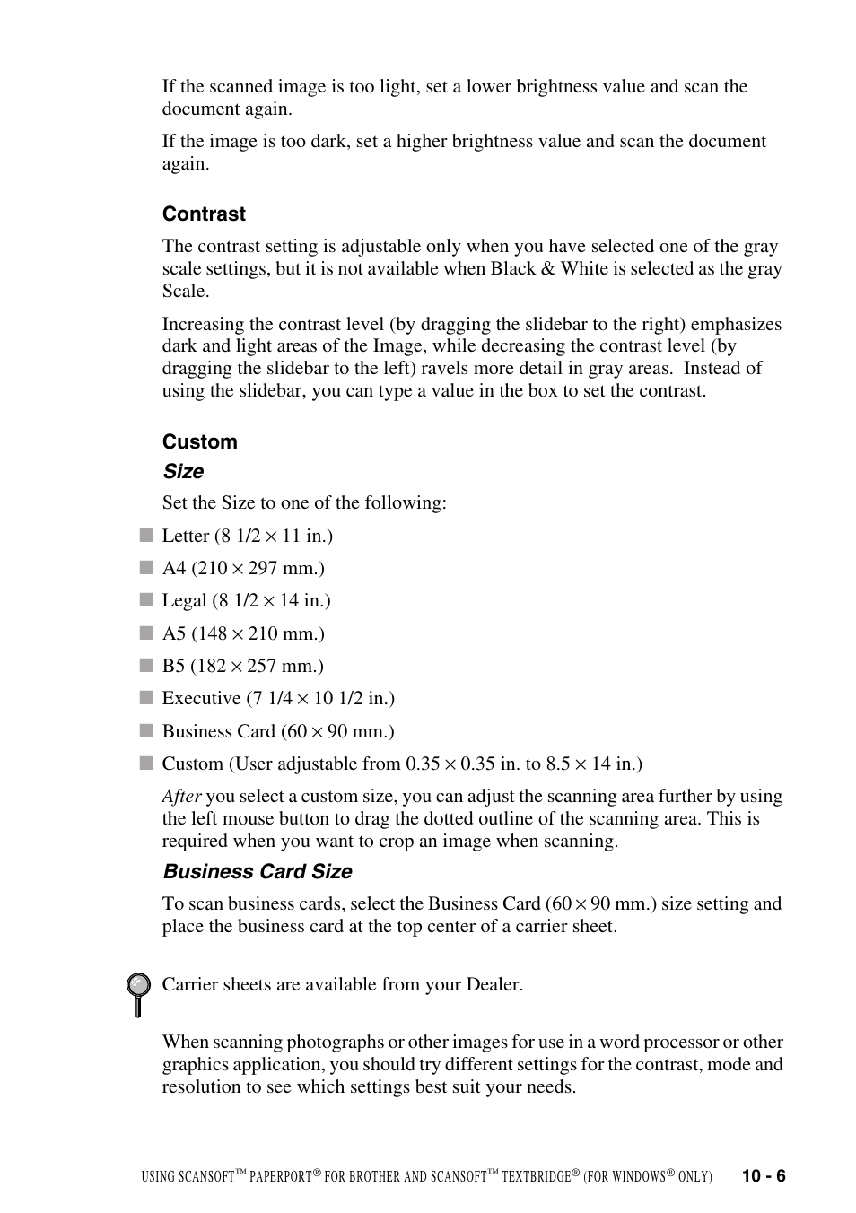 Contrast, Custom, Size | Business card size, Contrast -6 custom -6 | Brother DCP1400 User Manual | Page 99 / 147