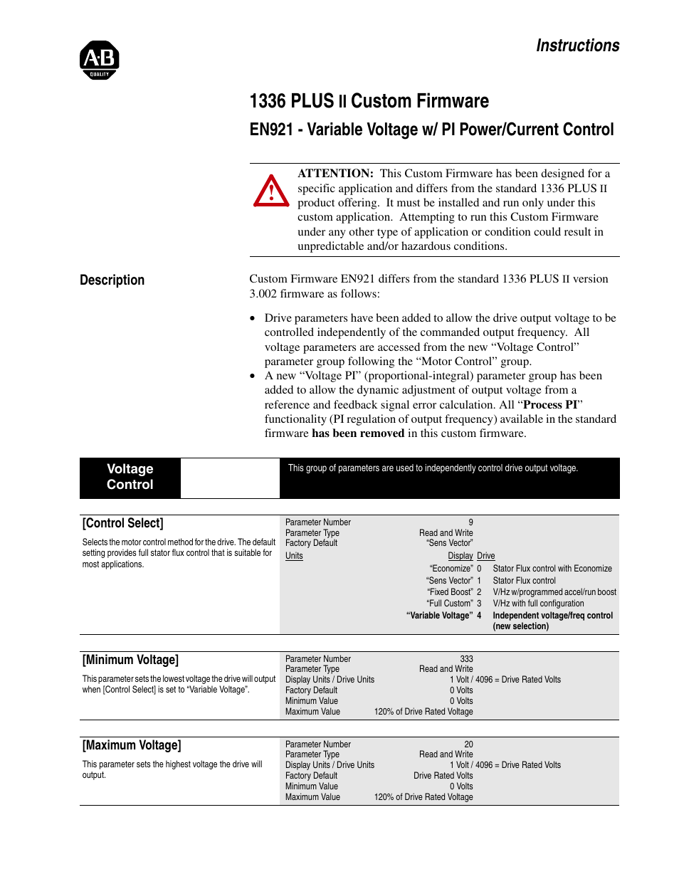 Rockwell Automation 1336F PLUS II Custom Firmware Instructions - EN921 User Manual | 8 pages