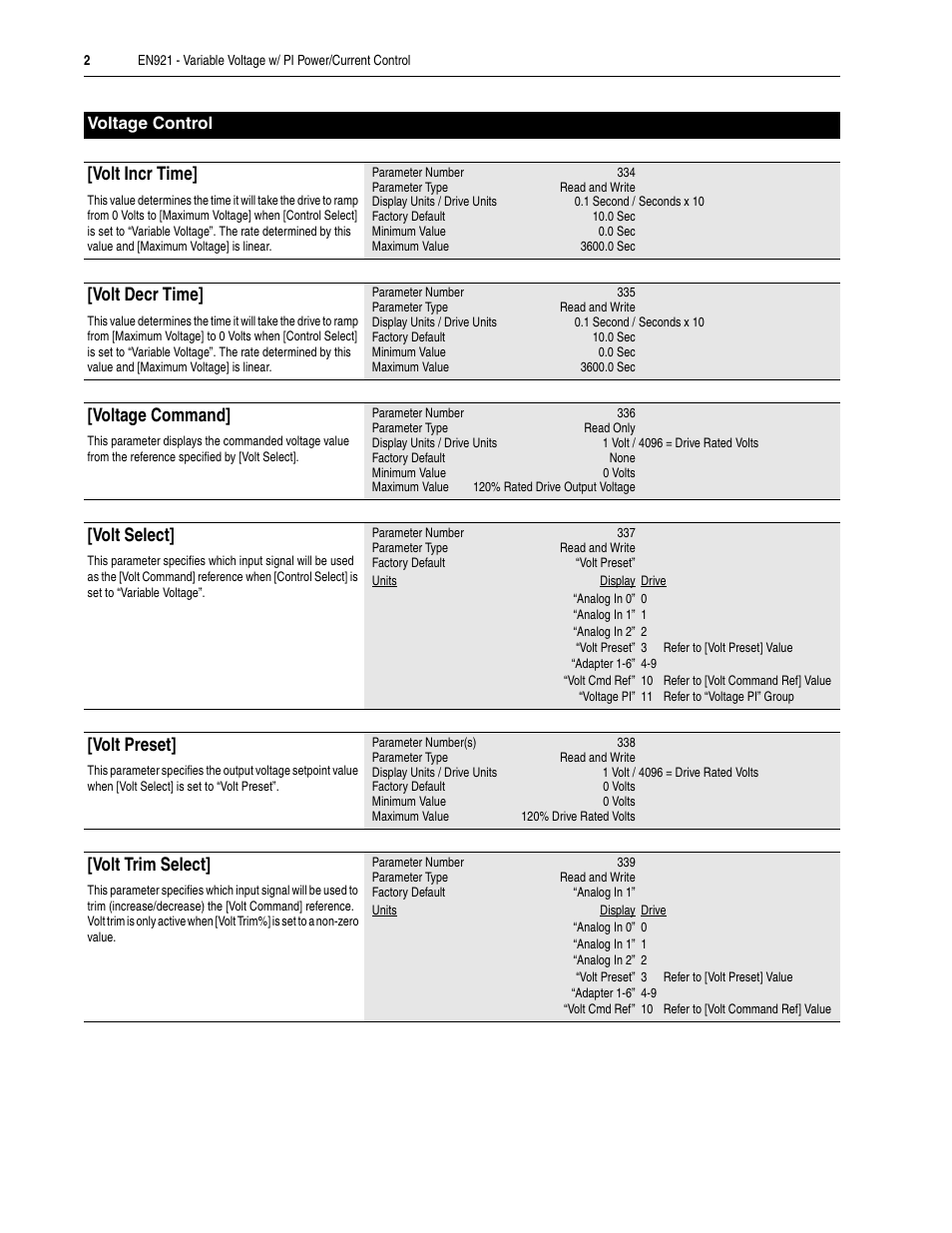Volt incr time, Volt decr time, Voltage command | Volt select, Volt preset, Volt trim select, Voltage control | Rockwell Automation 1336F PLUS II Custom Firmware Instructions - EN921 User Manual | Page 2 / 8