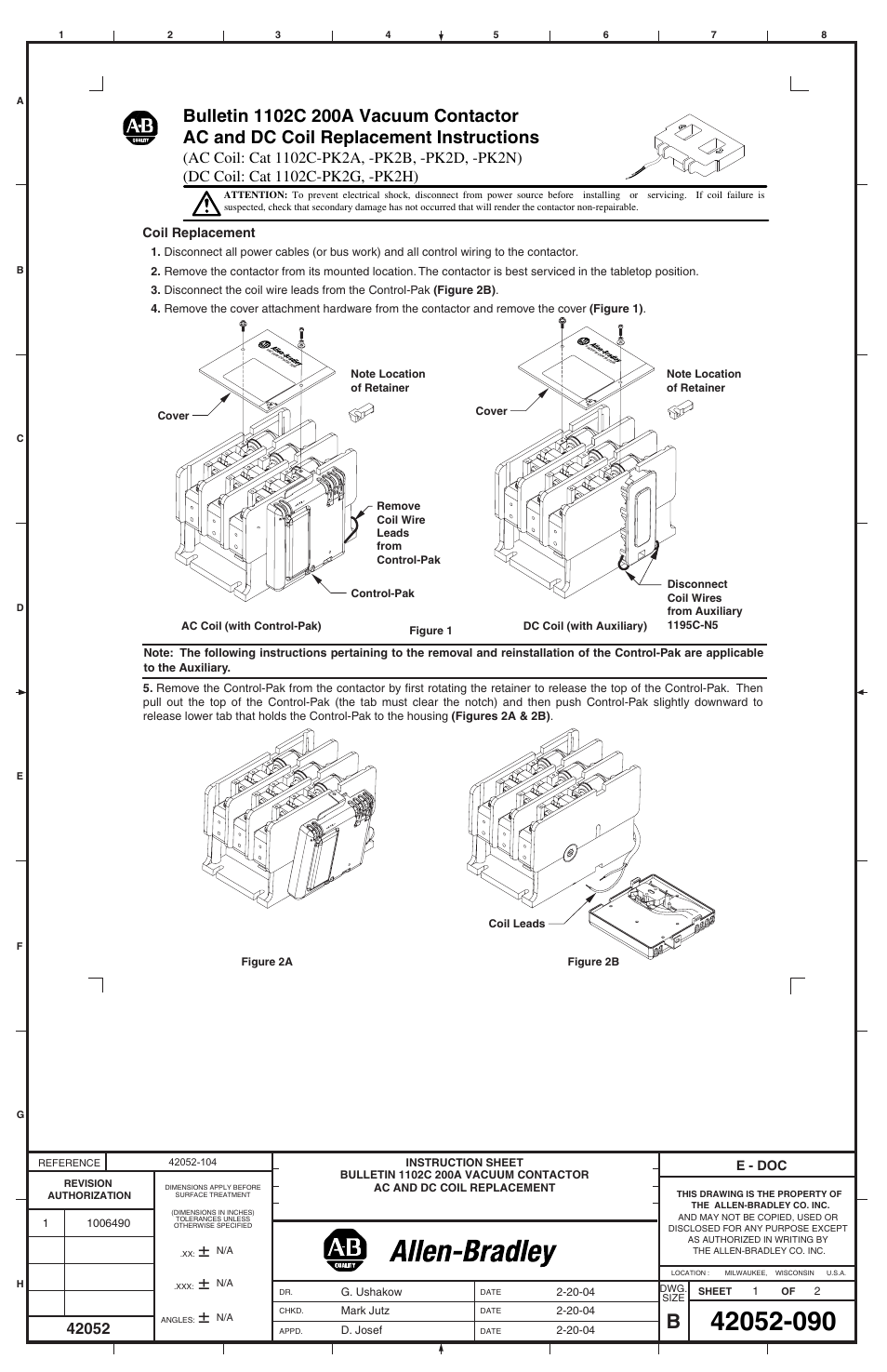 Rockwell Automation 1102C-PKxx 200A Vacuum Contactor AC and DC Coil Replacement User Manual | 2 pages