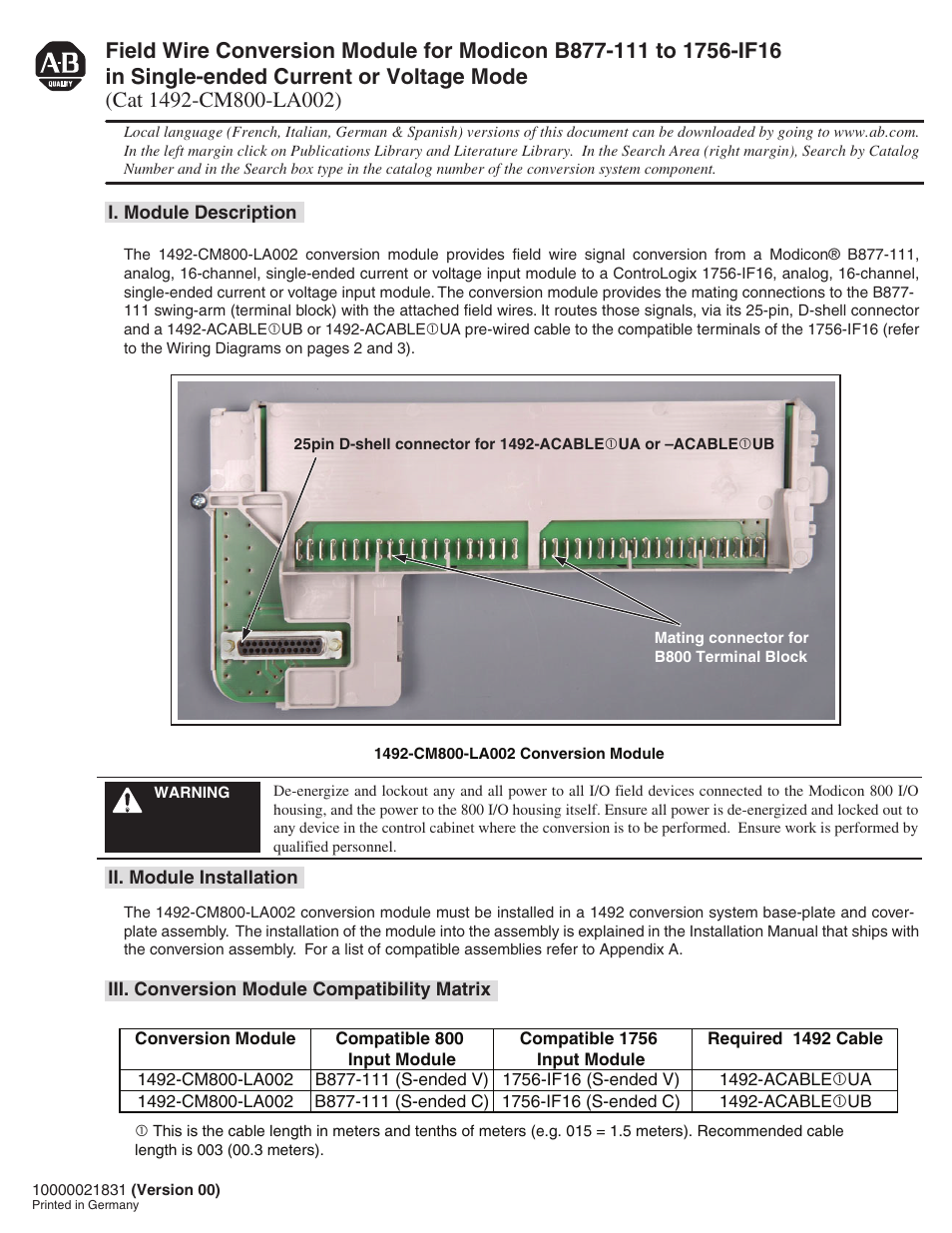 Rockwell Automation 1492-CM800-LA002 Field Wire Conv. Module for Modicon B877-111 to 1756-IF16 User Manual | 4 pages