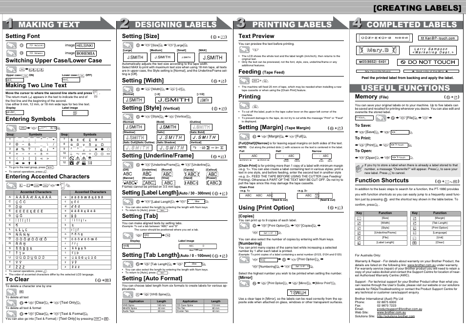 Setting font, Switching upper case/lower case, Making two line text | Entering symbols, Entering accented characters, Setting [size, Setting [width, Setting [style, Setting [underline/frame, Setting [label length | Brother P-touch LW1704001 User Manual | Page 2 / 2